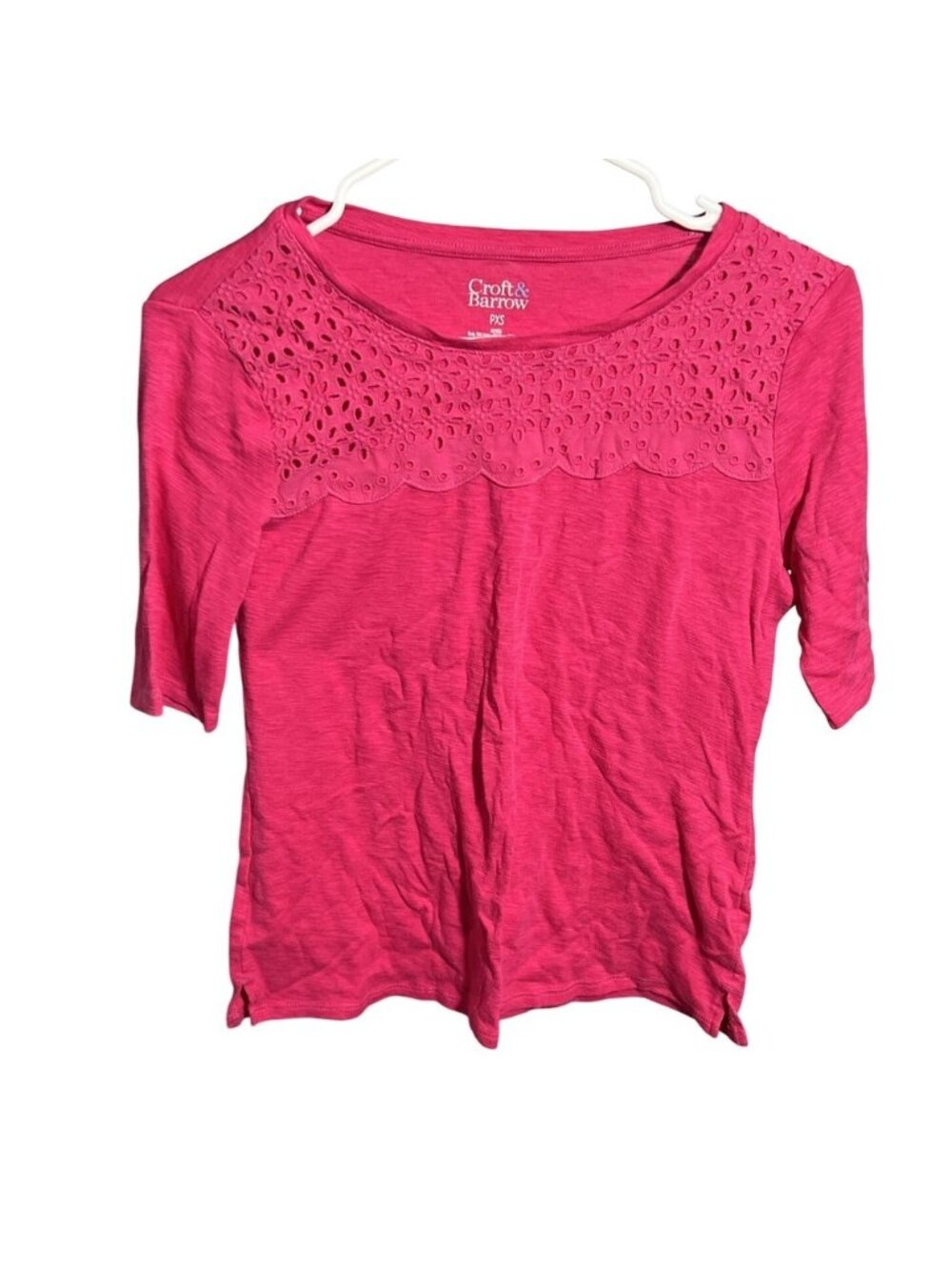 Croft & Barrow Petite PXS Hot Pink Eyelet Lace Neckline 3/4 Sleeve T-Shirtâ Top